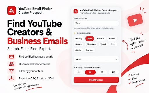 YouTube Email Finder :: YouTube Email Finder to find creators and public business emails. Search by niche, filter creators, and export to CSV.