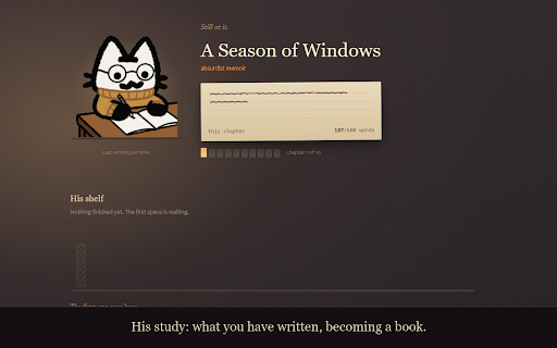 Marlowe :: A cat sits on your pages and writes a novel out of your typing. It counts keystrokes only, never what you type.