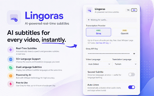 Lingoras - AI-Powered Real-Time Subtitles :: AI-powered real-time subtitles and translation for any browser video. 50+ languages, auto-listen, Netflix and Disney+.