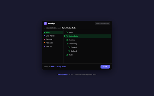 Marklight — Bookmark Launcher :: Save any page with Ctrl+Shift+S (Cmd on Mac). Organize into workspaces. Launch with Ctrl+K. Free account at marklight.app required.