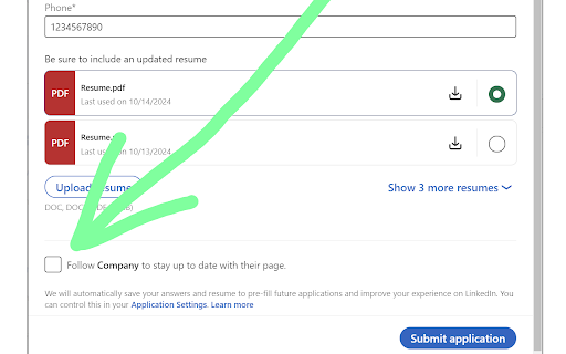 LinkedIn Easy Apply Without Follow :: Automatically unchecks the 'Follow <Company> to stay up to date with their page.' checkbox when using LinkedIn Easy Apply.