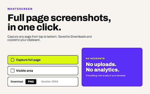 Mantescreen :: Capture clean full-page screenshots from the current tab.