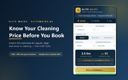 Elite Maids — Dubai Cleaning Assistant :: Cleaning price estimates, room cleaning checklists, pro cleaning tips, and one-tap booking with Dubai's trusted cleaning company.