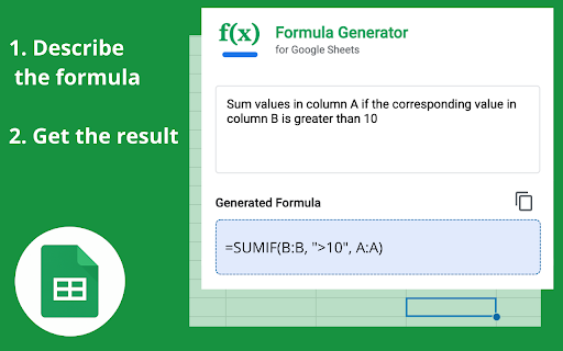 Google Sheets Formula Generator :: Use Google Sheets Formula Generator to create google sheets formulas with AI, including vlookup, array, sum and countif functions