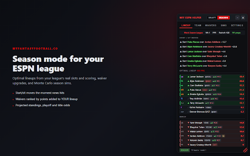 MFF ESPN Helper :: Draft helper + season mode for ESPN leagues: live pick recs, optimal lineups, waiver upgrades, sims, and one-click league import.