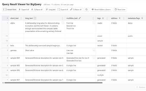Query Result Viewer for BigQuery :: Read BigQuery query results more easily, including long text and nested data.