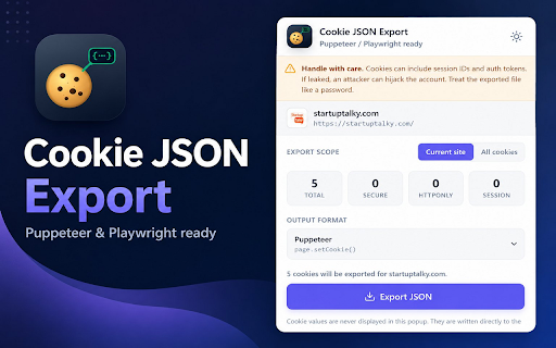 Cookie JSON Export — Puppeteer & Playwright :: Export browser cookies as JSON for Puppeteer (setCookie), Playwright (addCookies), EditThisCookie, or Netscape cookies.txt.