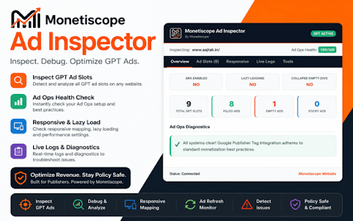 Monetiscope Ad Inspector :: Inspect, debug, and analyze Google Publisher Tag (GPT) ads, Google Ad Manager (GAM) setups, and responsive size mappings.