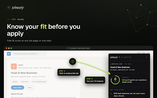 JobWarp :: Score how well you fit any job in one click (free), then generate a tailored cover letter and screening answers. Track it all.