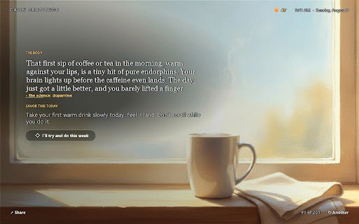 Daily Gratitude :: Your daily hit of gratitude — one beautiful reason to love the life you've got, right on your new tab.