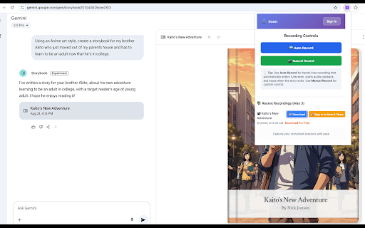 Gemini Storybook Video Exporter & YouTube Uploader :: Capture and export Google Gemini Storybook sessions to video with audio, and upload to YouTube from your dashboard.