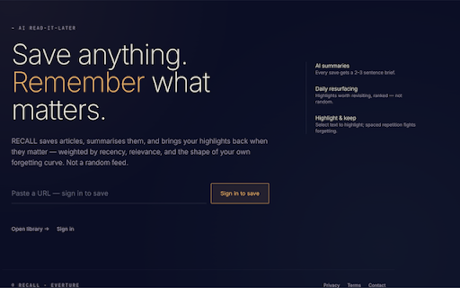 RECALL — Save & Resurface :: One-click save any page to RECALL — summarised, semantically searchable, resurfaced on a forgetting curve. Beyond bookmarks.