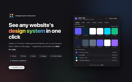 Design System Extractor :: Inspect any website and extract its design system — colors, fonts, icons, images, corner radii, shadows and gradients.