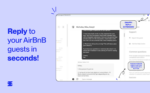 AirBnB Messages AI Assistant by SnappyReply :: Supercharge AirBnB guest message replies. Reply to guests faster with helpful, consistent, and guest-specific messages