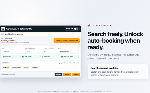 Warehouse Job Scheduler UK :: Monitor Amazon UK warehouse jobs for free, get sound alerts, and optionally unlock auto-booking.
