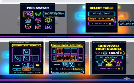 Neon Blackjack: 3D Casino Game :: Play full-screen 3D blackjack with neon casino tables, avatar rivals, friend challenges, rewards, and premium game modes.