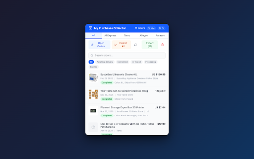 My Purchases Collector :: Automatically collect and export your AliExpress, Temu, Allegro, and Amazon orders to CSV, JSON, HTML, or clipboard.