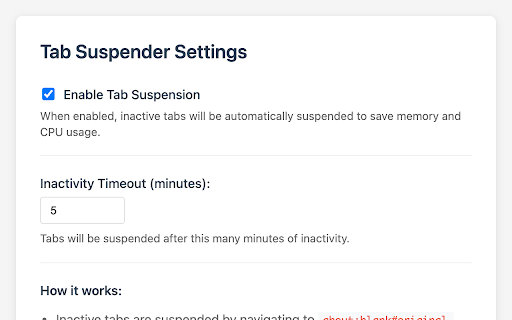 Tab Suspender :: Suspends inactive tabs to save memory and CPU usage