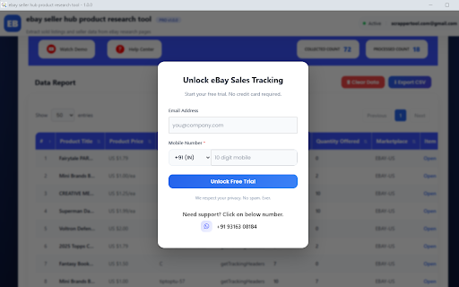 ebay seller hub product research tool :: Exports sold listing and seller data from an already-open eBay Seller Hub Product Research results page.