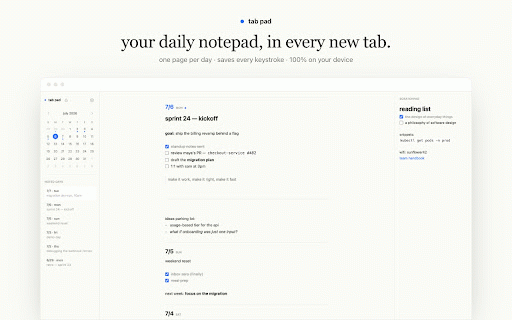 Tab Pad - New Tab Notepad :: Your daily notepad, one page per day, in every new tab. Everything stays on your device.