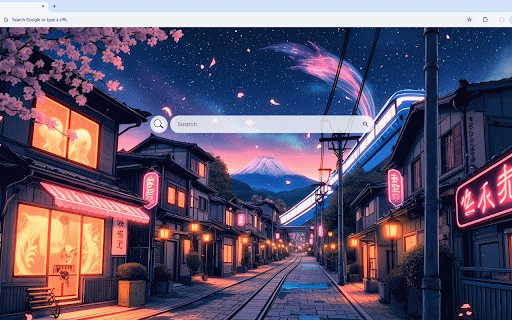 Japan Night Street Live Wallpaper :: Enchanting Japanese street at night with cherry blossoms, neon signs, and Mount Fuji view.