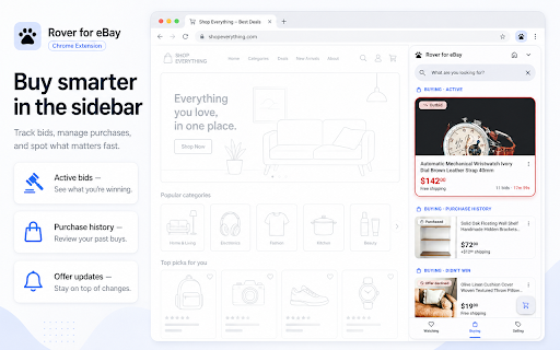 Rover — eBay Watchlist & Auction Tracker :: eBay watchlist tracker with live auction countdowns, tags, and a clean Chrome side panel. Free, no ads.