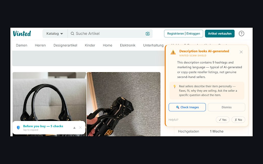 Vinted Scam Shield :: Your friendly shopping assistant — spots fake vintage, Shein resellers, and scams before you buy.