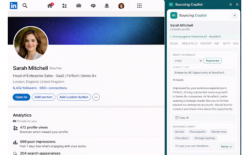 Sourcing Copilot :: Score LinkedIn & GitHub profiles against your ICP. Weighted scoring, outreach drafting & company analysis. All inside your browser.