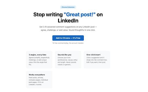 LinkedIn Comment Assistant :: Generate thoughtful, authentic LinkedIn comments with AI. 3 comment angles per post — agree, challenge, or add value.