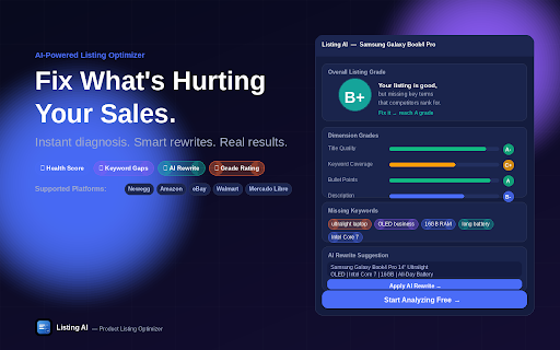 Listing AI - Product Listing Optimizer :: AI listing optimizer for 5 platforms. Diagnose, rewrite content, generate product images — Amazon, Newegg, Mercado Libre & more.