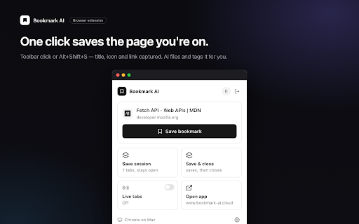 Bookmark AI :: Save the current tab to Bookmark AI for automatic categorization and tagging.