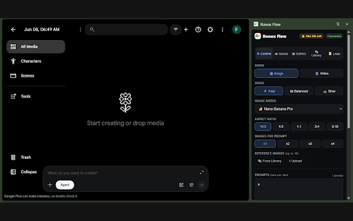 Ronox Flow — Batch Image & Video for Google Flow :: Batch image & video generation on Google Flow (Veo 3.1 & Nano Banana) with auto 2K/4K upscale and one-click bulk download.