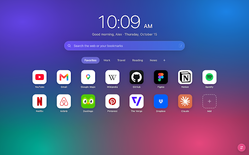 Cadran — Speed Dial for your bookmarks :: A Safari / Vivaldi-style New Tab page: your bookmark folders as icon grids, with a customizable wallpaper.