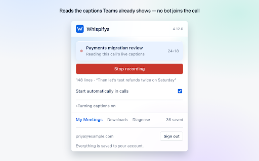 Whispifys — AI transcripts for Microsoft Teams :: Turns Microsoft Teams calls into searchable transcripts by reading the call's own live captions. No bot joins your meeting.