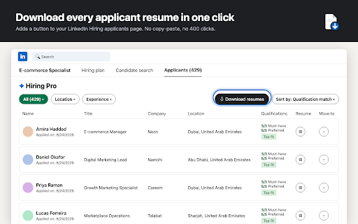 Resume Downloader for LinkedIn Hiring :: Download all applicant resumes from a LinkedIn job post in one click — as PDFs or a ZIP with a CSV index. Bulk resume export.