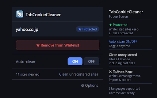 TabCookieCleaner :: タブを閉じたときに不要なCookieやキャッシュを自動削除します。ホワイトリストに登録したサイトは保護されます。