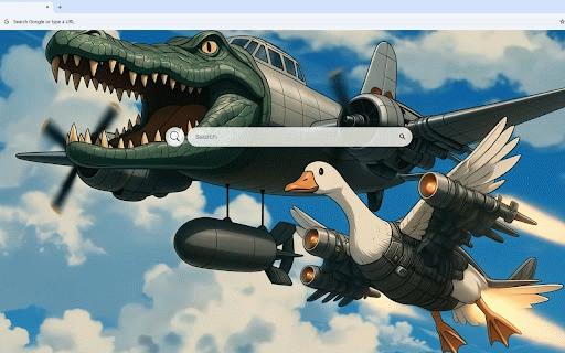 Bombardino Crocodilo Live Wallpaper :: Whimsical crocodile bomber plane with goose hybrid engines flying through blue cloudy sky.