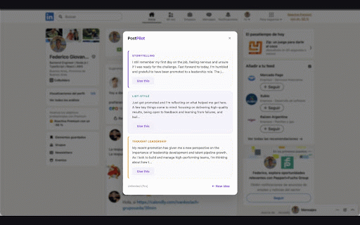 PostPilot — AI LinkedIn Post Writer :: Write engaging LinkedIn posts in seconds. Describe your idea, get 3 polished drafts. One click to post.