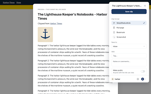 Harbor Web Clipper :: Save articles, full pages, bookmarks, and screenshots from any website straight into Harbor.