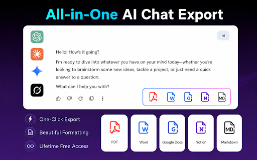 AI Chat Exporter: Save ChatGPT, Gemini, Claude to PDF, Word and More :: AI Chat Exporter lets you export chats from ChatGPT, Gemini, Claude, and Grok to PDF, Word, Markdown, Google Docs, or Notion.