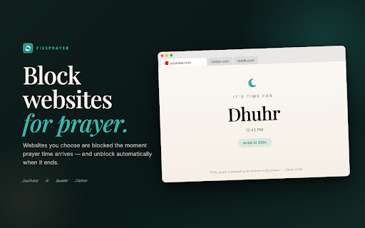 FivePrayer - Prayer Times & Web Blocker :: Never miss a prayer. Accurate prayer times, block distracting websites during salah, and build streaks.