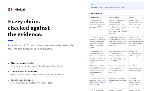 Mirrival :: Research any product from its own website: pricing, competitors, customer complaints — cited, in a report you can act on.