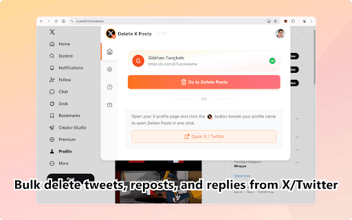 Delete X/Twitter Posts :: Bulk delete tweets, reposts, and replies from X/Twitter. Filter posts, clean your profile, and protect your privacy.