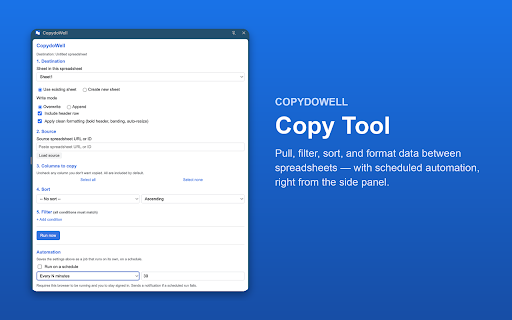 CopydoWell — Copy Google Sheets (no IMPORTRANGE) :: IMPORTRANGE alternative — copy & sync between Google Sheets, right from a side panel. No formulas, no scripts.