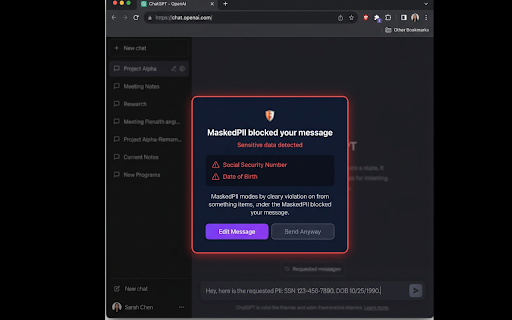 MaskedPII – AI Data Leak Prevention :: Real-time PII firewall for ChatGPT, Claude, and Gemini. Blocks sensitive data before it reaches any AI model.