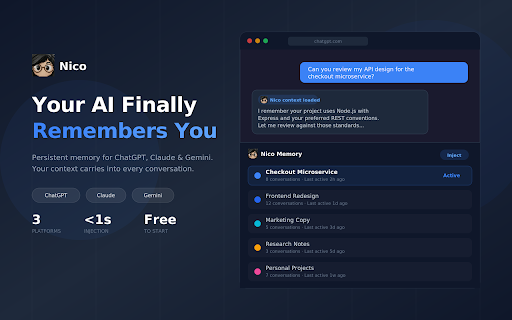 Nico — AI Memory & Prompt Enhancement :: Chat folders and context across major AI platforms (ChatGPT, Claude, Gemini, DeepSeek, Perplexity) and one-click prompt enhancement.