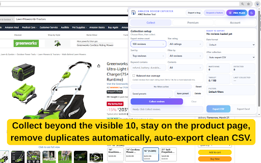 Amazon Reviews Extractor & CSV Exporter :: Amazon reviews extractor for CSV export. Collect, filter, deduplicate, and export reviews from Amazon product pages.