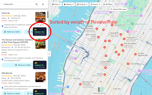 Google Maps Weighted Sorter :: Weighted sorting for Google Maps : ranks results using a weighted algorithm combining ratings and review counts