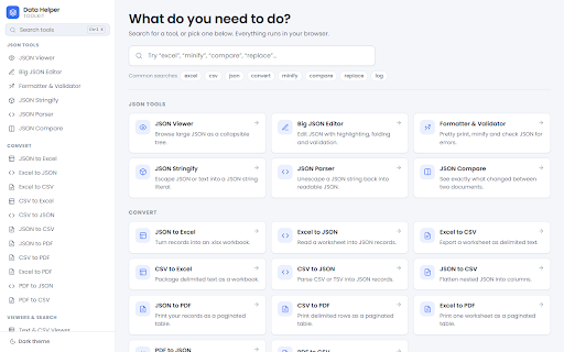 Data Helper Toolkit :: JSON, CSV, Excel and PDF tools: view, edit, format, compare, convert, escape and search — all offline in your browser.