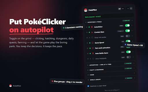 PokeClicker Co-Pilot :: Automate PokéClicker: autoclicker, game speed, quest solver, hatchery, dungeons, farm, safari, achievements & more.